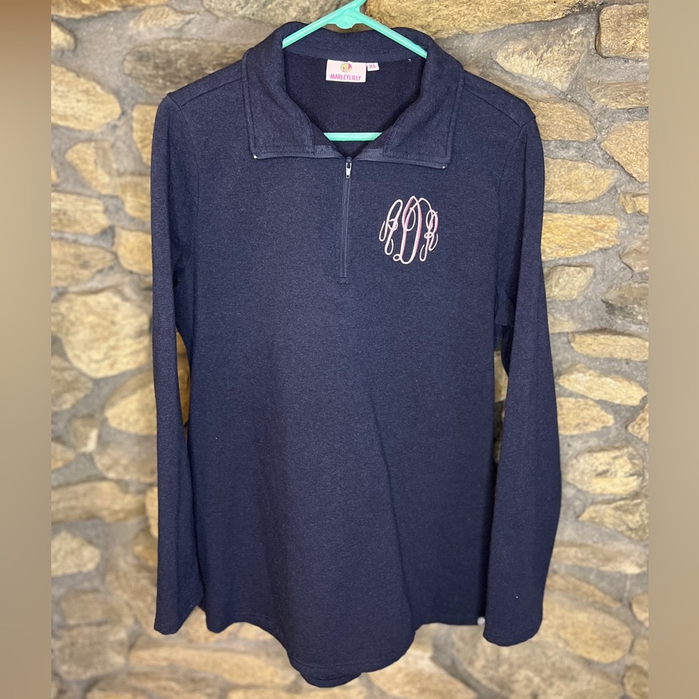 Navy Blue quarter zip Sweatshirt with Monogram
